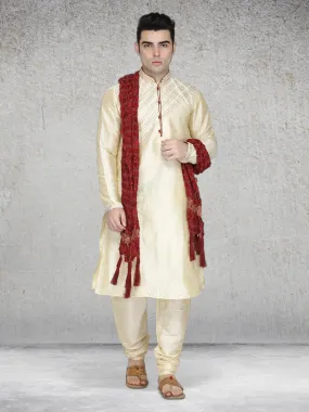 Men's Art Silk Kurta Pajama And Scarf Festivals Season Ethnic Party Dress Set Beige