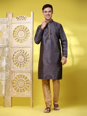 Mens Embroidered Kurta Pajama Set Jacquard Silk Ethnic Motifs 2-Piece Set