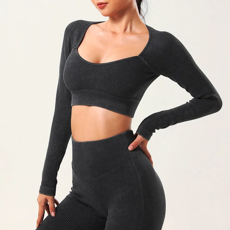 mondmi Sand-Washed Seamless Yoga Set for Women, Ribbed Fitness Wear, Yoga Top and Workout Yoga Pants, Long Pants BT668