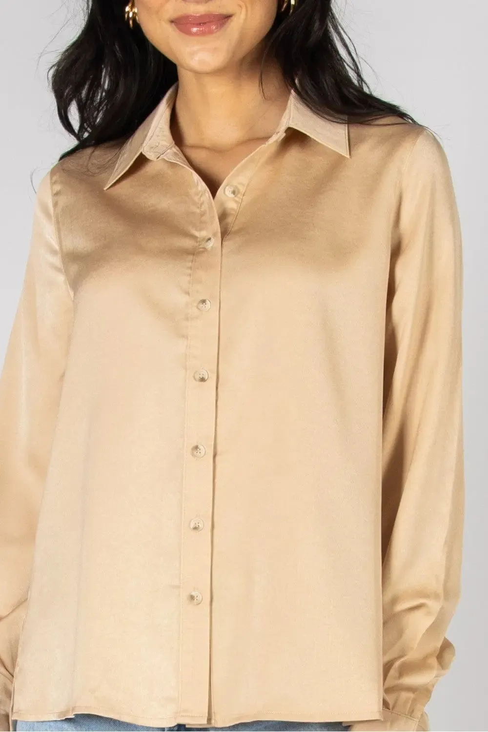 Satin Button Down Blouse with Side Slit