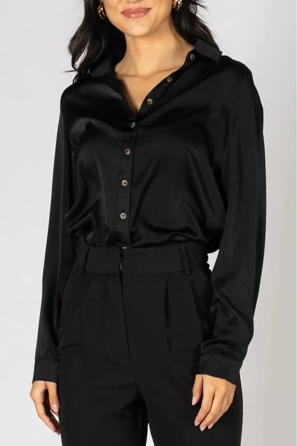 Satin Button Down Blouse with Side Slit