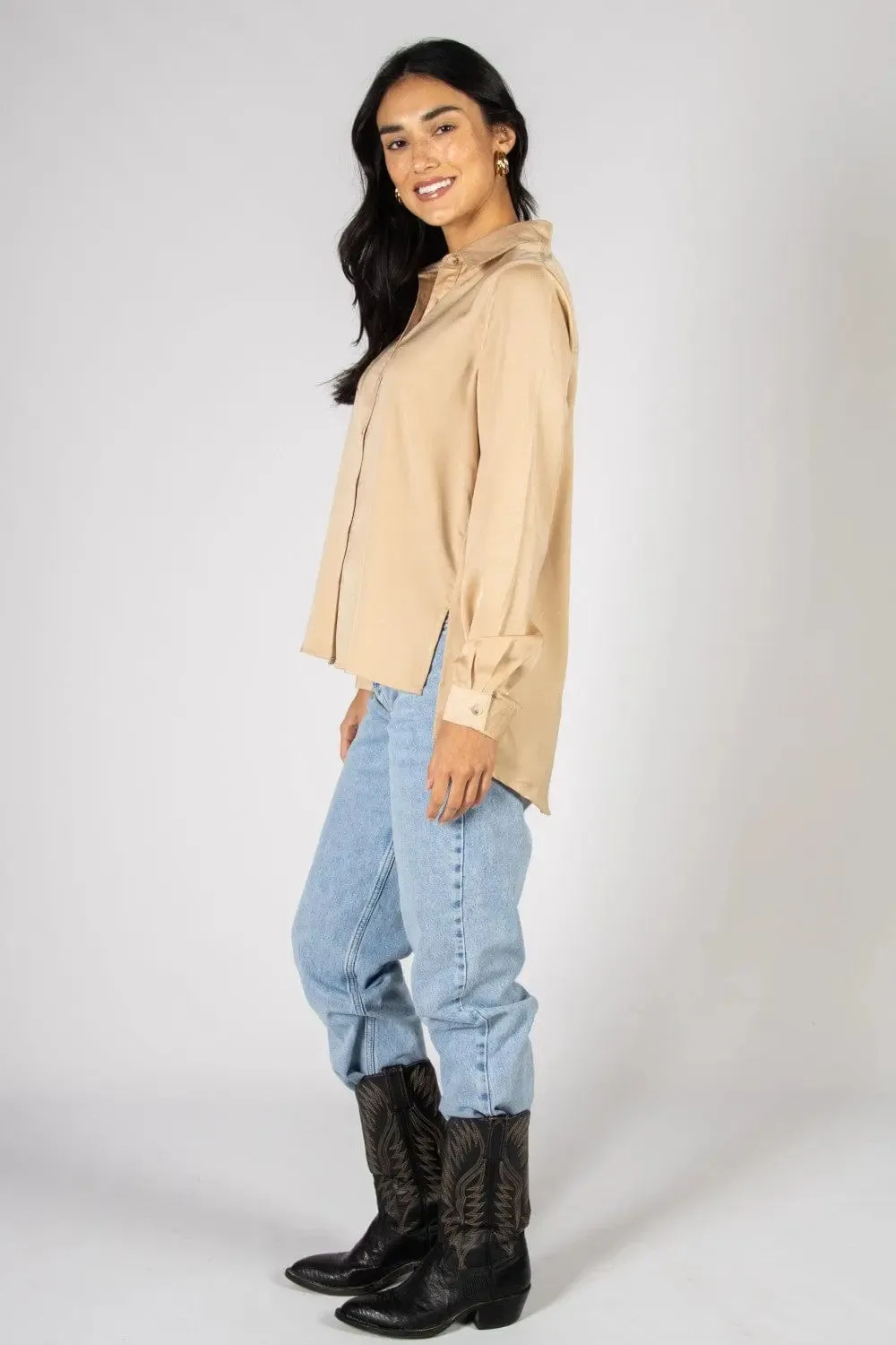 Satin Button Down Blouse with Side Slit