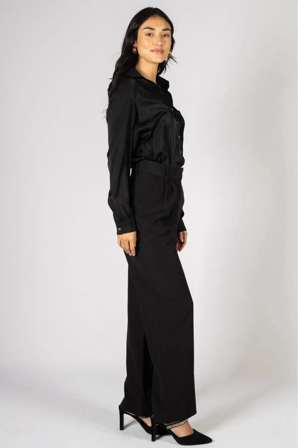 Satin Button Down Blouse with Side Slit