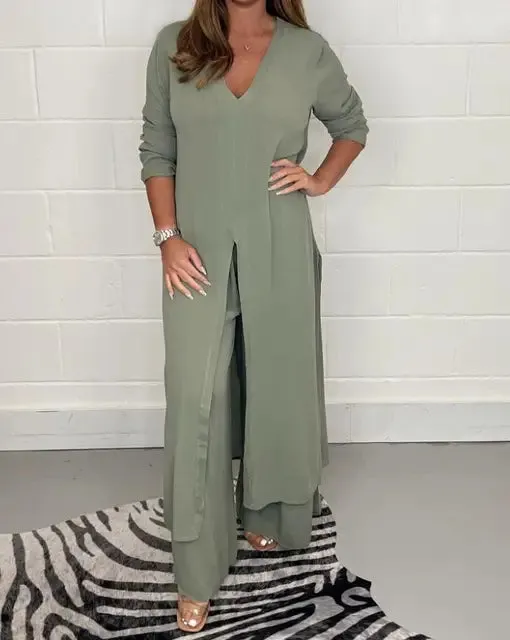 Two Piece Set Women Fashion V Neck Long Sleeve Outfit B-99258