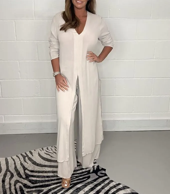 Two Piece Set Women Fashion V Neck Long Sleeve Outfit B-99258