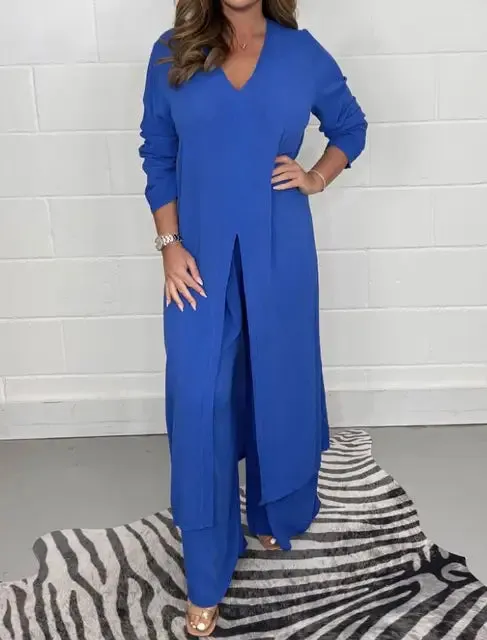 Two Piece Set Women Fashion V Neck Long Sleeve Outfit B-99258
