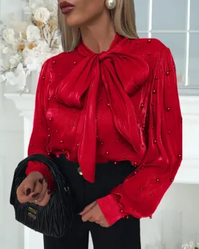 UAKISS  -  2024 Women Christmas Tie Neck Beaded Long Sleeve Tied Detail Blouses Casual Shirts