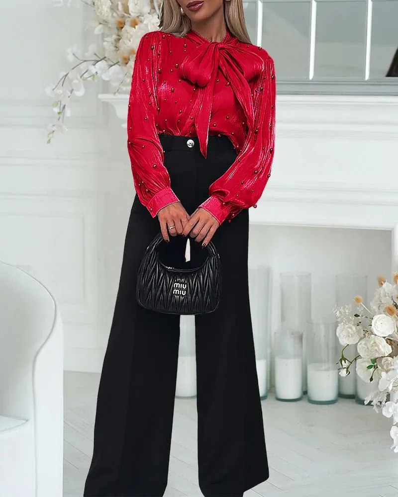 UAKISS  -  2024 Women Christmas Tie Neck Beaded Long Sleeve Tied Detail Blouses Casual Shirts