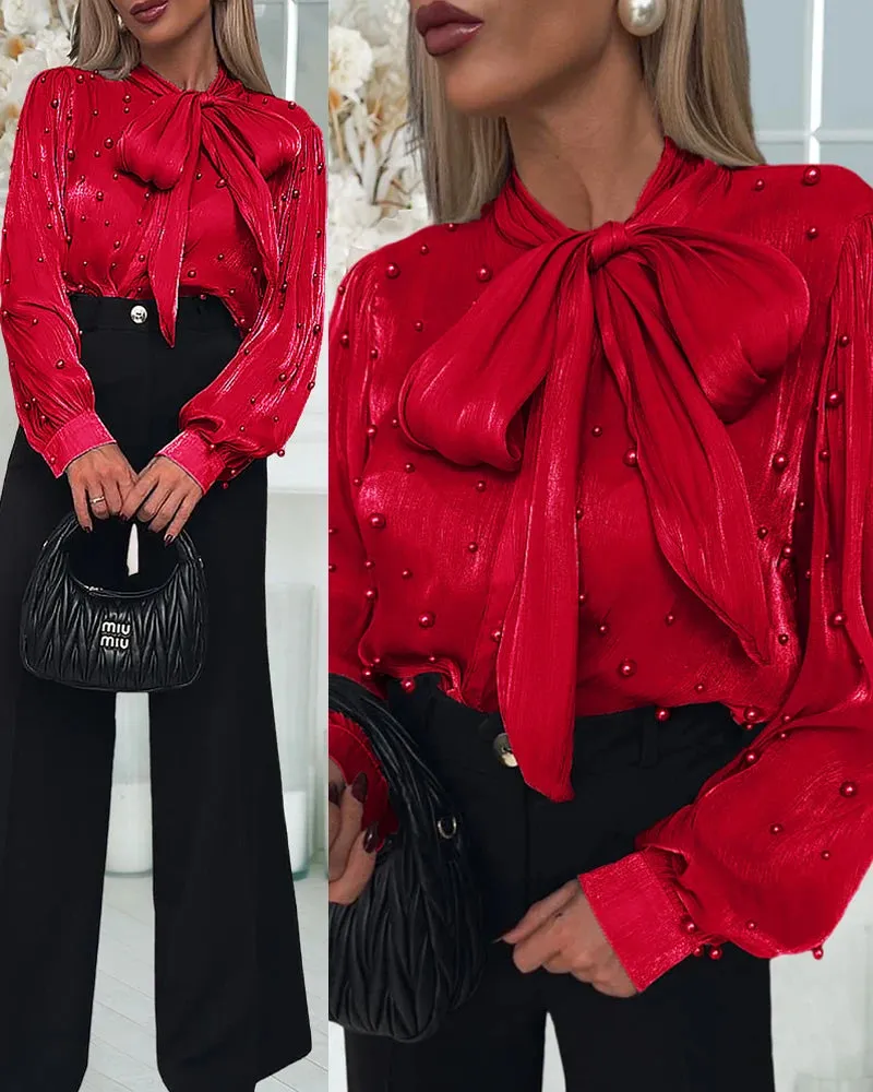 UAKISS  -  2024 Women Christmas Tie Neck Beaded Long Sleeve Tied Detail Blouses Casual Shirts