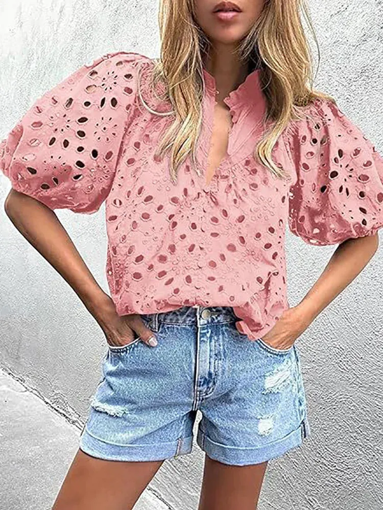 UAKISS  -  Women Vintage Solid Hollow Out Top Blouses Elegant Half Lantern Sleeve Spring Summer Buttons Ladies Shirts Casual Blusa 2024