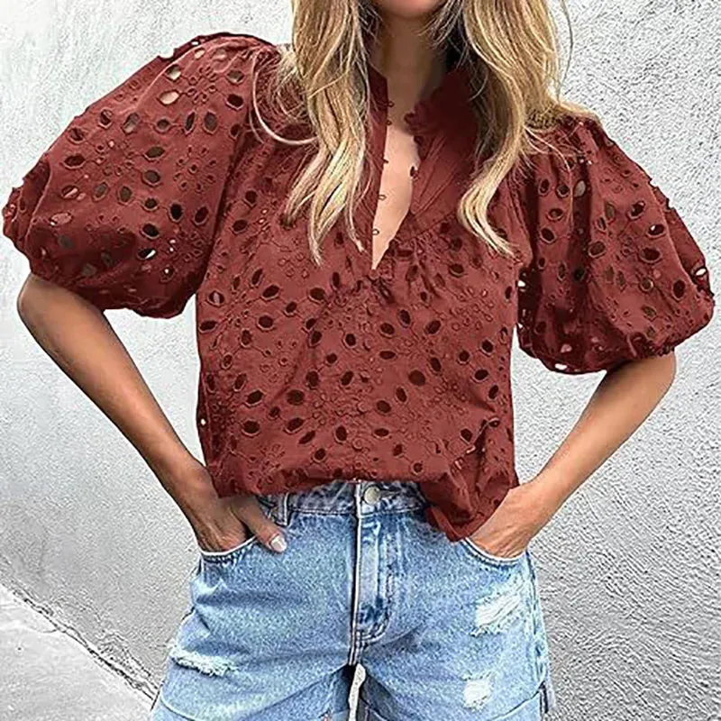 UAKISS  -  Women Vintage Solid Hollow Out Top Blouses Elegant Half Lantern Sleeve Spring Summer Buttons Ladies Shirts Casual Blusa 2024