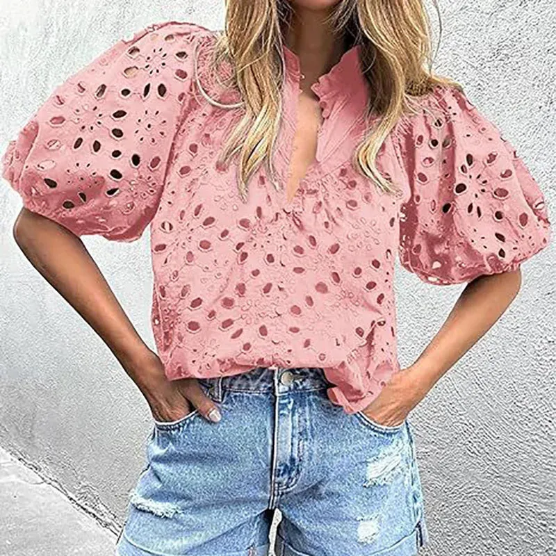 UAKISS  -  Women Vintage Solid Hollow Out Top Blouses Elegant Half Lantern Sleeve Spring Summer Buttons Ladies Shirts Casual Blusa 2024