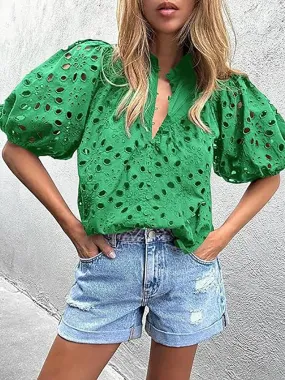 UAKISS  -  Women Vintage Solid Hollow Out Top Blouses Elegant Half Lantern Sleeve Spring Summer Buttons Ladies Shirts Casual Blusa 2024