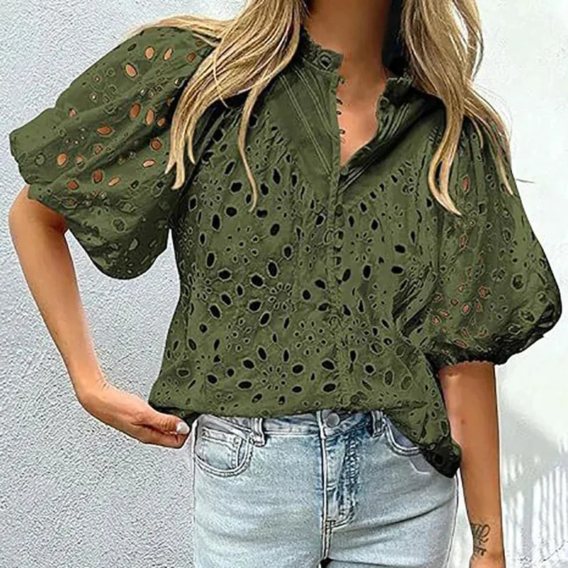 UAKISS  -  Women Vintage Solid Hollow Out Top Blouses Elegant Half Lantern Sleeve Spring Summer Buttons Ladies Shirts Casual Blusa 2024