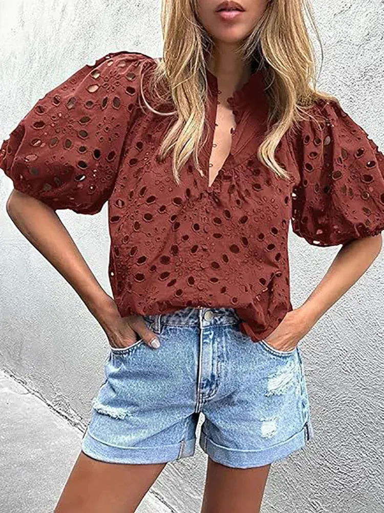 UAKISS  -  Women Vintage Solid Hollow Out Top Blouses Elegant Half Lantern Sleeve Spring Summer Buttons Ladies Shirts Casual Blusa 2024