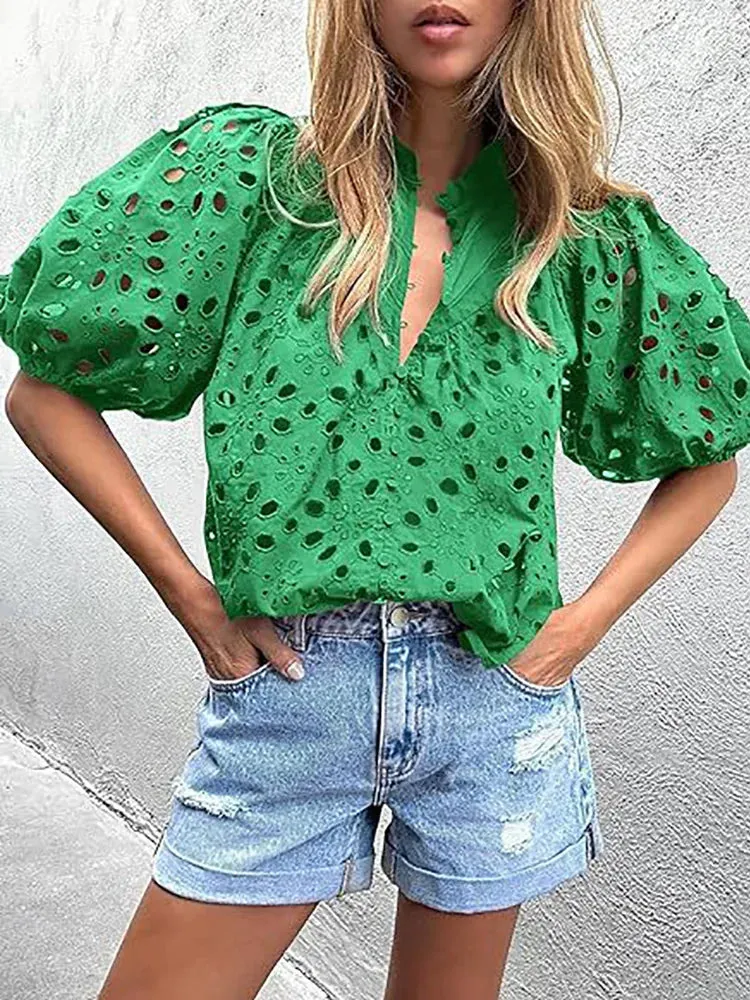UAKISS  -  Women Vintage Solid Hollow Out Top Blouses Elegant Half Lantern Sleeve Spring Summer Buttons Ladies Shirts Casual Blusa 2024