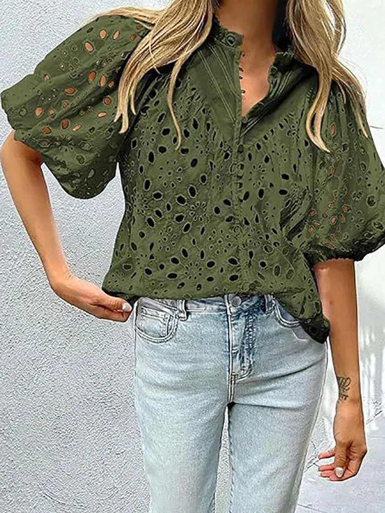 UAKISS  -  Women Vintage Solid Hollow Out Top Blouses Elegant Half Lantern Sleeve Spring Summer Buttons Ladies Shirts Casual Blusa 2024