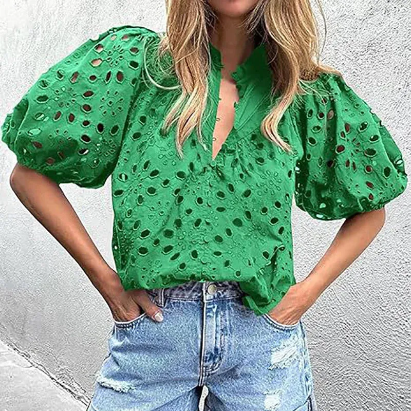UAKISS  -  Women Vintage Solid Hollow Out Top Blouses Elegant Half Lantern Sleeve Spring Summer Buttons Ladies Shirts Casual Blusa 2024