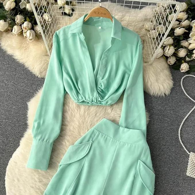 Women Outifits Long Sleeve Lapel Crop Top Office Shirt B-89254