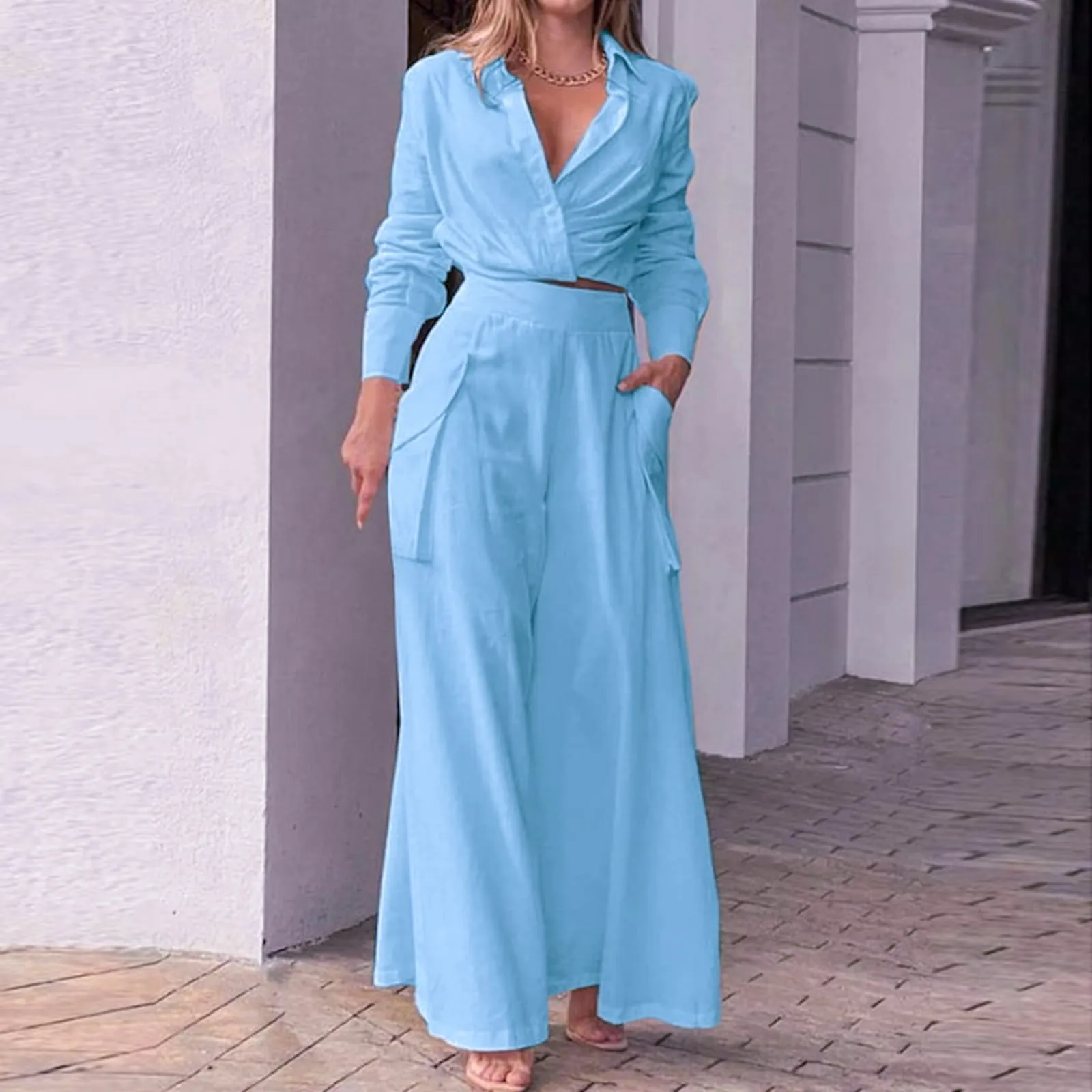 Women Outifits Long Sleeve Lapel Crop Top Office Shirt B-89254